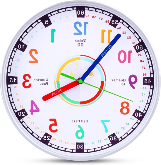 Kinderklok Zonder Tikkend Geluid - Leuk leren klokje - Tijd leren lezen - Stille wijzerplaat - 30 cm - Multicolor