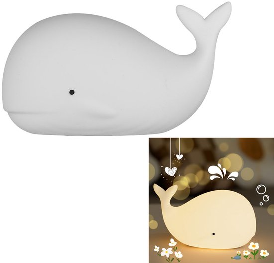 Kindernachtlampje van siliconen - Kinderlamp in de vorm van een walvis - Babylamp met 8 kleuren die verandert - Oplaadbare LED-tafellamp - Nachtlampje voor op het nachtkastje - Geschikt voor kinderkamers en babykamers - Wit van Flow nóg.