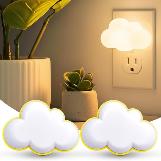 Kindernachtlampje - Wolkvormig nachtlampje - LED-wandlamp met stekker - Nachtlampje - Met lichtsensor - Geschikt voor kinderkamers, gangen, trappenhuizen, enz. - 2 stuks