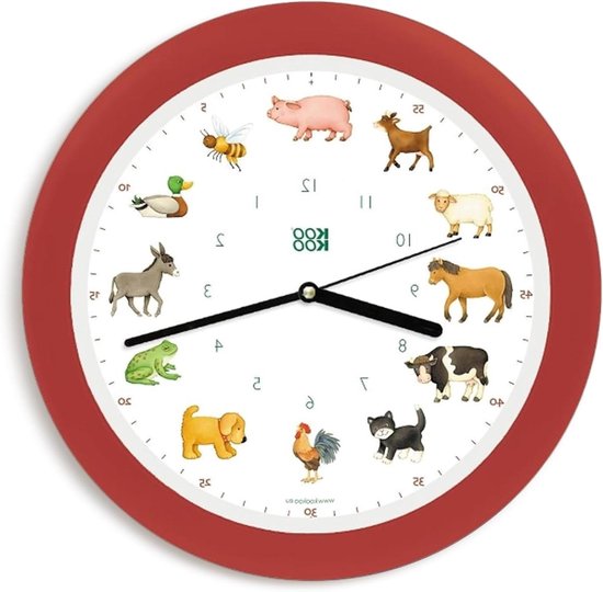 Kinderwandklok - Dierenklok - Tijd Leren - 12 Dierenstemmen - 34cm Diameter - Aardbei Rood