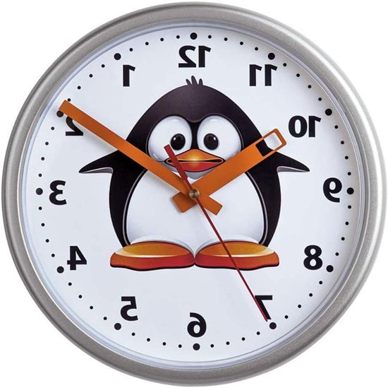 Kinderwandklok Pinguïn - Kinderkamer Klok - Tijd Leren - Geruisloze Secondewijzer - 23 Cm Diameter - Grijs