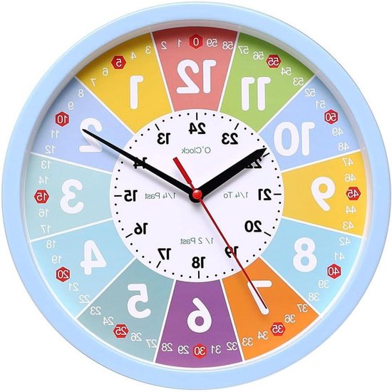Kinderwandklok Stil - Kinderklok Leren - Tijd Leren - Geruisloos Uurwerk - 25 cm Diameter - Blauw
