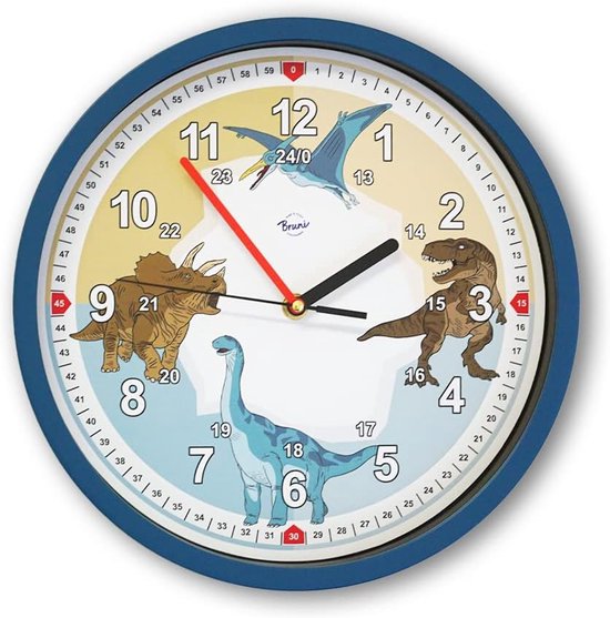 Kinderwandklok Stille Uren Ø 29 cm met Dinosaurus en Leerhulp