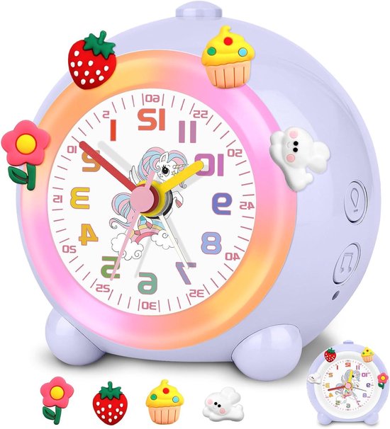 Kinderwekker Analoog - Eenhoorn Klok - Kamer Decoratie - Geruisloos Mechanisme - 9 cm Hoog - Lichtpaars