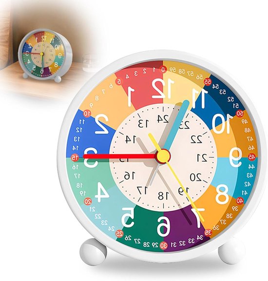 Kinderwekker Analoog - Kinderwekker Zonder Tikken - Leren Klokkijken - Met Nachtlampje - 11.5 x 11.5 x 5.5 cm - Wit