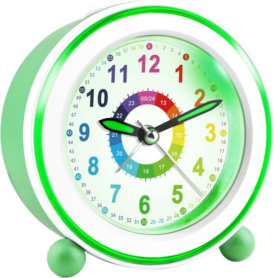 Kinderwekker Analoog Stil Stil Leren Wakker Worden met Nachtlampje en Snooze Groen van TFA Dostmann