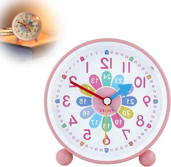 Kinderwekker Analoog - Stillewekker Tijd Leren - Tijd Leren - Geen Tikkend Geluid - 115 cm - Roze