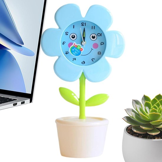 Kinderwekker Bloempot - Nachtkastje Klok - Rustige Slaap - Stille Geluidsmachine - 14 cm Breed - Blauw
