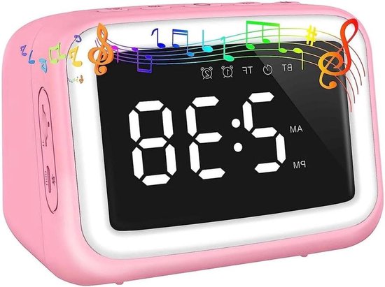 Kinderwekker Bluetooth Speaker - Nachtlamp Klok - Wakker Worden - Dimbaar Licht - 3.5 Inch LCD - Roze