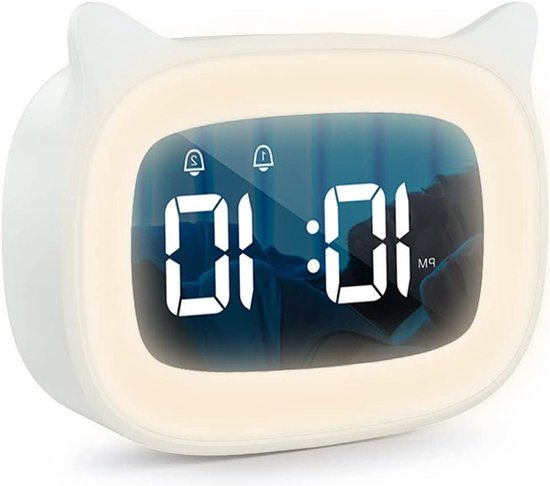 Kinderwekker Digitaal - Nachtlamp Klok - Ontwaken Muziek - Instelbare Helderheid - Dubbel Alarm - Wit