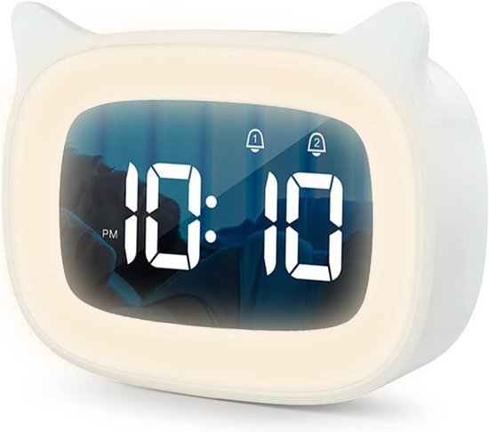 Kinderwekker Digitaal - Nachtlamp Klok - Wakker Worden - 18 Muziekjes - Standaard - Wit