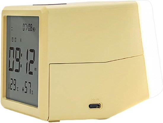 Kinderwekker Digitaal - Nachtlamp Klok - Wakker Worden - Temperatuur Vochtigheid - 10cm Breed - Lichtgeel