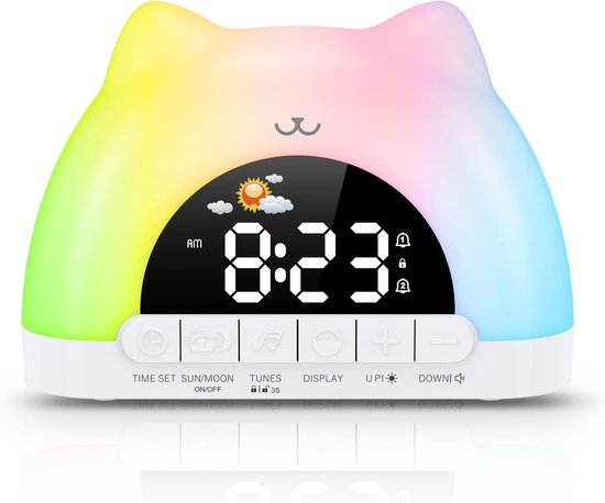 Kinderwekker, digitale slaaptrainer kinderwekker, met 11 RGB-nachtlicht, 10 muzieksoorten geluidsapparaat, dubbel alarm, wakker worden, snoozefunctie, 12/24, wekker voor meisjes en jongens