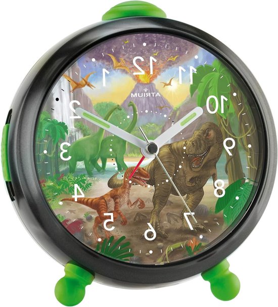 Kinderwekker Dinosaurus - Analoge Klok - Wakker Worden - Stil Geen Tikkend Geluid - 11.5 x 11 cm - Zwart Groen