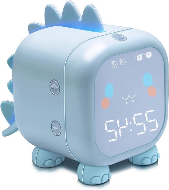 Kinderwekker Dinosaurus - Digitale Klok - Slaaptraining Kind - Zonsopgang Simulatie - 12 cm Breed - Blauw