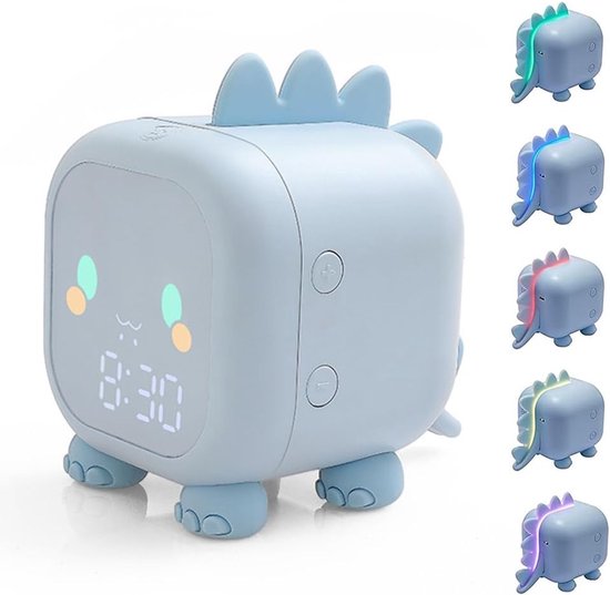 Kinderwekker - Dinosaurus Klok - Slaaptraining Kind - Nachtlamp Timer - 8.8 x 11.7 cm - Blauw