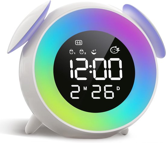 Kinderwekker, educatieve dag-/nachtwekker voor kinderen met 15-kleuren nachtlampje, snoozefunctie, 2 alarmen, weekdag-/weekendmodus, digitale wekker voor meisjes en jongens