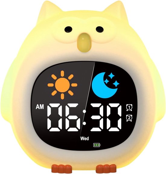 Kinderwekker Educatieve dag/nacht 2 alarmen/12/24 uur/snooze Verstelbare schermhelderheid Nachtlampje 7 kleuren Digitaal ochtendalarm 10 liedjes Automatisch uitschakelen