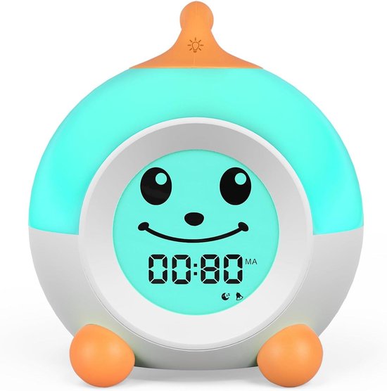 Kinderwekker Emoji - Slaaptrainer Klok - Tijd Leren - Kleur en Emoji Indicatie - 9.65 x 10.92 cm - Oranje