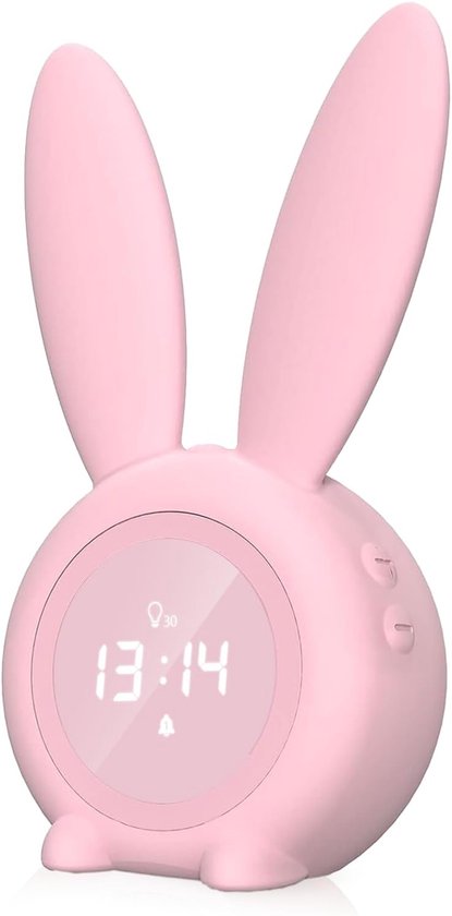 Kinderwekker en nachtlampje voor kinderen - Schattig konijn met snooze-functie en tijdsweergave - Roze