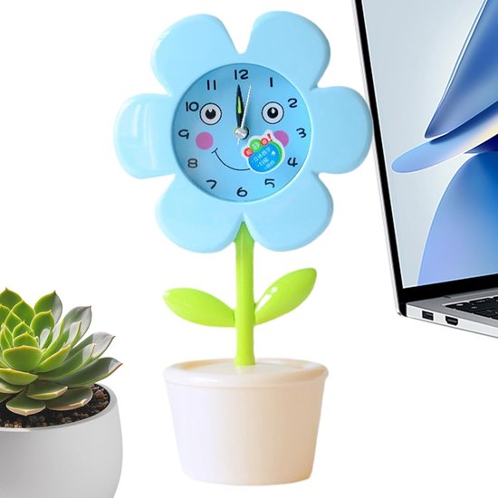 Kinderwekker Geluidsmachine - Nachtkastje Klok - Rustig Slapen - Bloempot Design - 14 cm Breed - Blauw