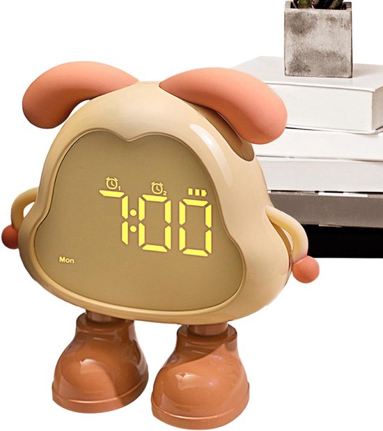Kinderwekker Honden Design - Slaaptrainer Nachtlampje - Kinderkamer Decoratie - Oplaadbare Batterij - 14cm Breed - Geel
