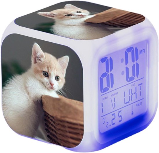 Kinderwekker Kat - Dobbelsteenwekker Tafelwekker - Ochtendroutine Beheer - Kleurenweergave - 8.9 cm - Wit