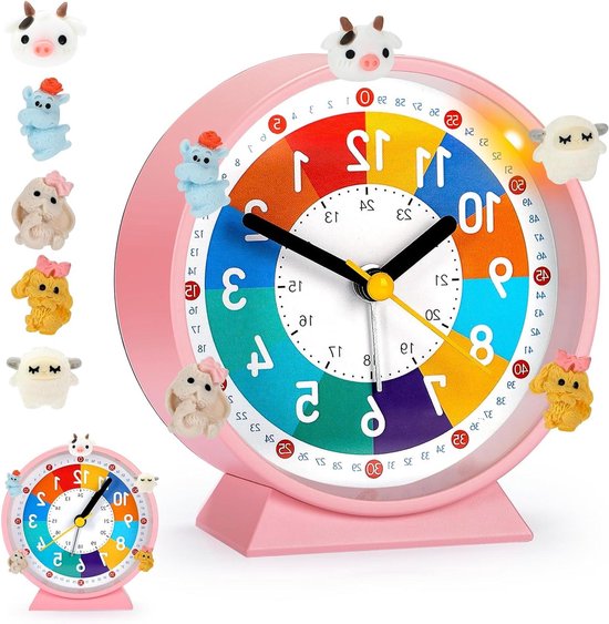 Kinderwekker, kinderwekker voor de eerste schooldag, geen tikkend geluid, met nachtlampje en sluimerfunctie, met 5 wekker-decoratie, geschikt voor leren, slaap-wakker worden C