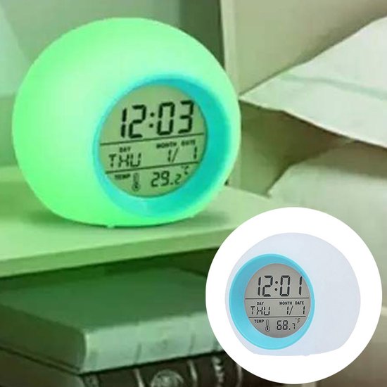 Kinderwekker - Kleurveranderende Nachtlamp - ABS Veilig Materiaal - Wekker met Temperatuur Display - Voor Slaapkamer - Jongens en Meisjes - Blauw - 7 Kleuren - 1 Stuk van Merkloos