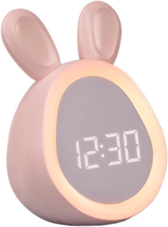 Kinderwekker Konijn - Digitale Klok Nachtlamp - Slaaptrainer Kinderen - Aanraakgevoelig Bediening - 93B x 74H cm - Roze
