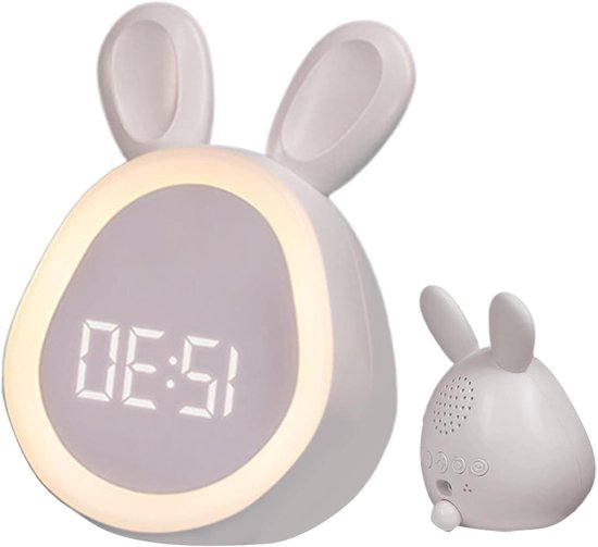 Kinderwekker Konijn - Nachtlamp Klok - Ochtend Routine - USB Oplaadbaar - 9 x 7.3 x 11.2 cm - Grijs