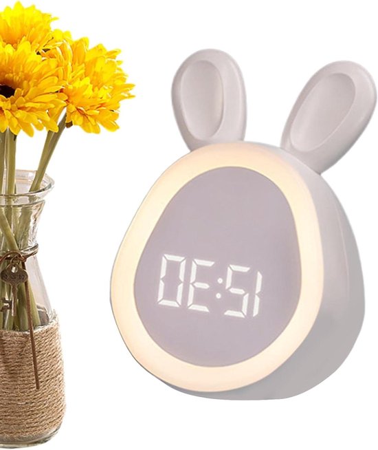Kinderwekker Konijn - Nachtlamp Klok - Tijd Leren - Oplaadbaar Met Nachtlamp - 9 x 7.3 x 11.2 cm - Wit