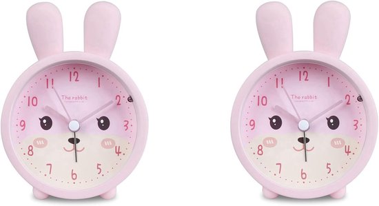 Kinderwekker Konijn - Stille Analoge Klok - Slaapkamer Educatie - Geruisloos Lichtfunctie - 11x10x9 cm - Roze