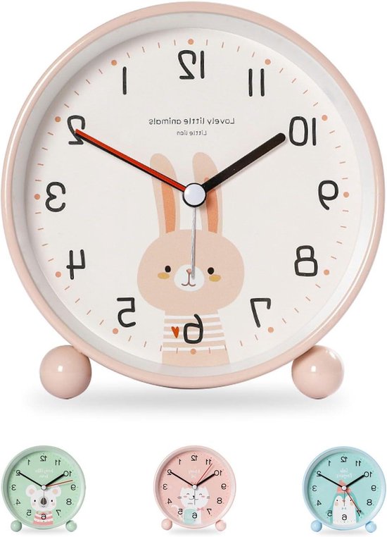 Kinderwekker Konijn - Stille wekker - Kinderkamer decoratie - Zacht nachtlampje - 11 cm - Roze