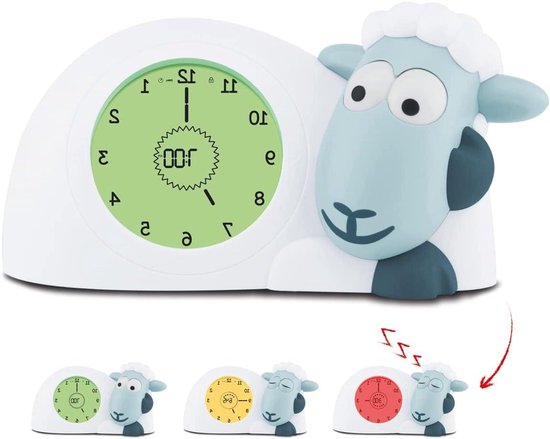 Kinderwekker Lammetje - Nachtlampje Slaaptrainer - Kind Leren Klokkijken - Oogjes Open/Dicht - 20 cm - Blauw