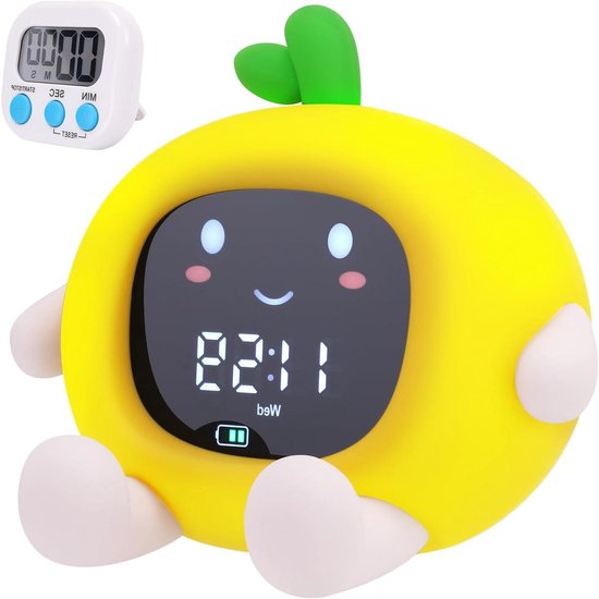 Kinderwekker Licht - Nachtlamp Wekker - Kind Leren Klokkijken - Emoji Dag Nacht - 14 x 11.5 x 12 cm