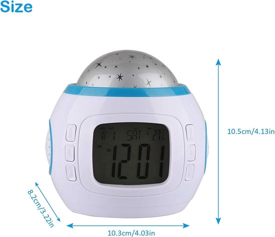 Kinderwekker met muzikale LED-sterrenprojector, nachtlampje, 7 muzieksoorten, datum- en tijdweergave, verjaardagscadeau