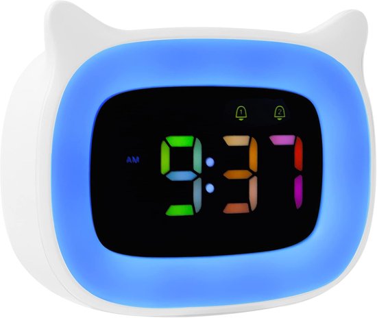 Kinderwekker met Nachtlampje – RGB Verlichting in 8 Kleuren – 18 Wekgeluiden – Dubbel Alarm & Snooze Functie – 12/24 Uurs Weergave – Perfect voor Meisjes, Jongens & Tieners van Merkloos