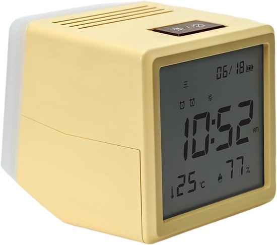 Kinderwekker met Nachtlampje - Tafelklok Digitale - Wakker Worden - Temperatuur Vochtigheid - 10 cm Breed - Lichtgeel
