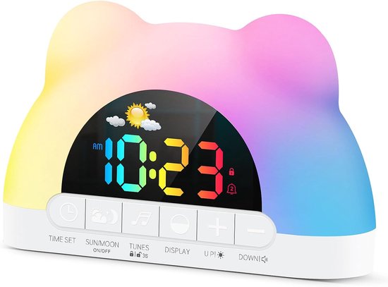 Kinderwekker met Slaaptrainer – Digitale Wekker met Zon & Maan – 11 RGB Kleur Nachtlamp – OK to Wake Wekker voor Peuters, Kinderen & Tieners – Slaapherinnering – Kinderslot – Dubbele Alarmen van Merkloos