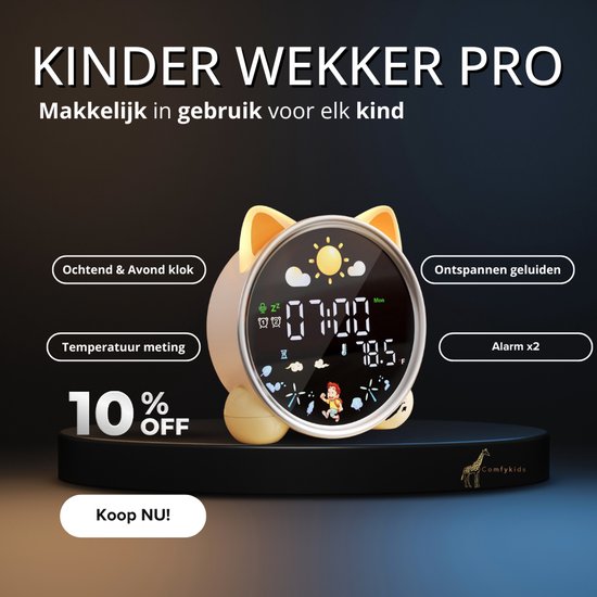 Kinderwekker met Slaattraining – Nachtlampje 3 standen – LED kleuren – Dubbel alarm – Rustgevende slaapgeluiden – Temperatuurweergave – Model 2026 van Alecto