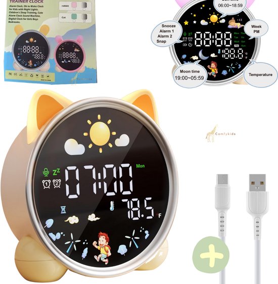 Kinderwekker met Slaattraining – Nachtlampje 3 standen – LED kleuren – Dubbel alarm – Rustgevende slaapgeluiden – Temperatuurweergave – Model 2026 van ComfyKids