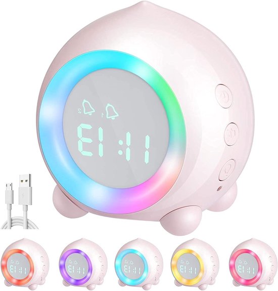 Kinderwekker Nachtlamp - Digitale Klok - Wakker Worden - Zonsopgang Simulator - 7 Kleuren - Roze