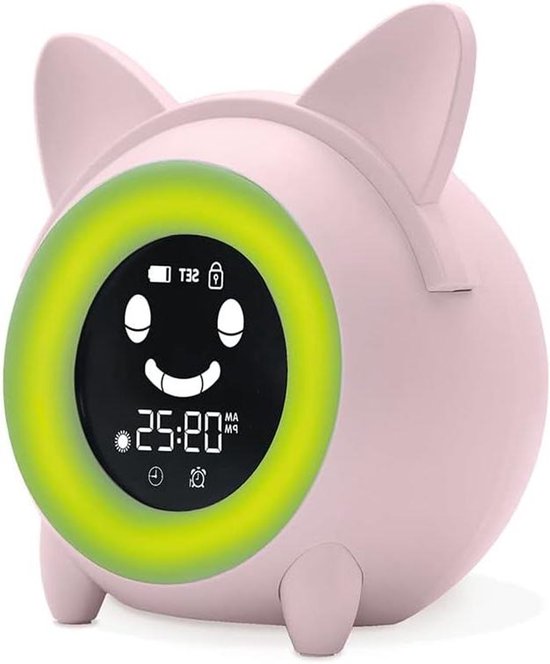 Kinderwekker Nachtlamp - Educatieve Klok - Kinderen Leren Slapen - Licht en Gezichtsuitdrukkingen - 12.5 cm Hoog - Roze
