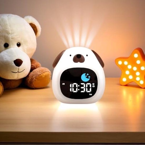 Kinderwekker nachtlampje, 9 lichtkleuren en 6 witte ruisstanden, digitale slaaptrainingsklok met instelbare helderheid en geluid, cadeau voor jongens en meisjes - Puppy van Bigben