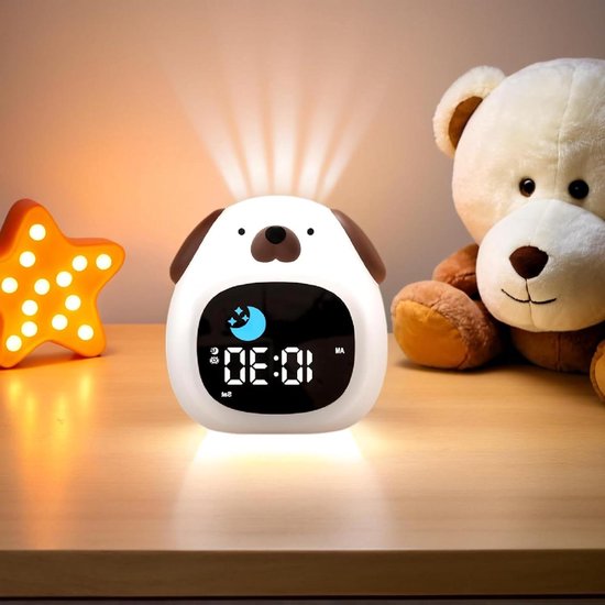 Kinderwekker Nachtlampje - Puppy Klok - Slaaptraining Kinderen - 9 Kleuren 6 Geluiden - 10.1 cm - Wit