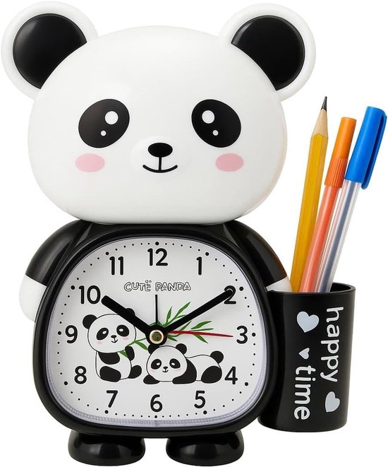 Kinderwekker Panda - Nachtkastje Klok - Ochtend Routine - Met Penhouder - 16 x 13 cm