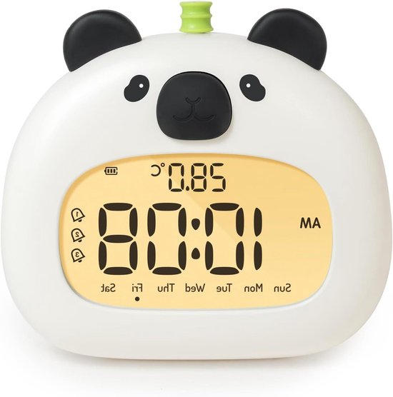Kinderwekker Panda - Nachtlampje Klok - Kinderen Leren Slapen - Oplaadbaar Met Sluimerfunctie - 315 Inch Display - Wit Zwart