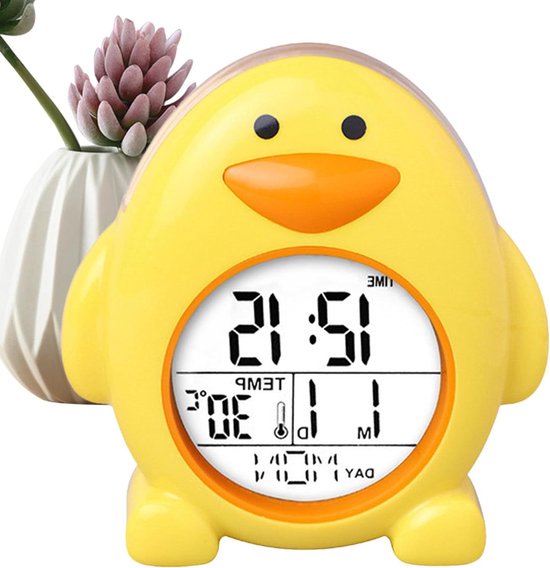 Kinderwekker Pinguïn - Slaaptrainer Klok - Kinderkamer Decoratie - Temperatuurweergave - 9 cm breed - Wit Geel