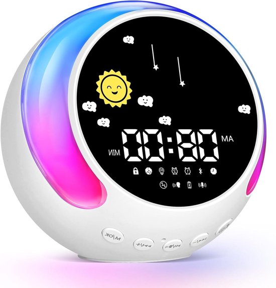 Kinderwekker RGB - Slaaptrainer Klok - Kinderslaap Leren - Zon Maan Schakelaar - 11.5 cm - Meerkleurig